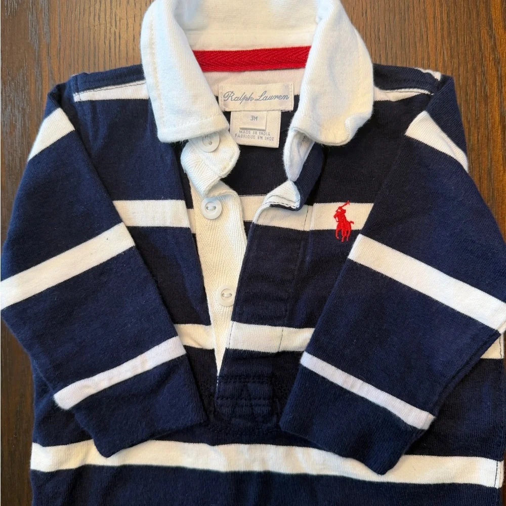 Ralph Lauren Baby Polo Rugby Striped Romper Hat Set 3M Navy White Cotton